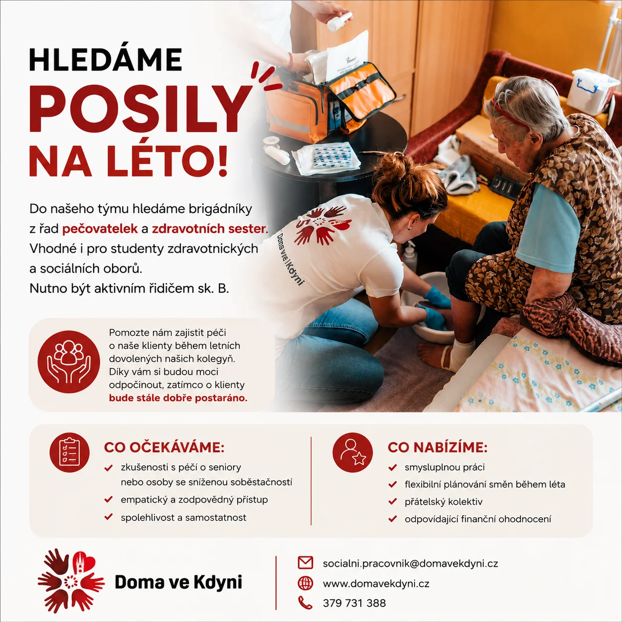 Inzerát Doma ve Kdyni: hledáme brigádníky na léto z řad pečovatelek, zdravotních sester a studentů zdravotnických nebo sociálních oborů.