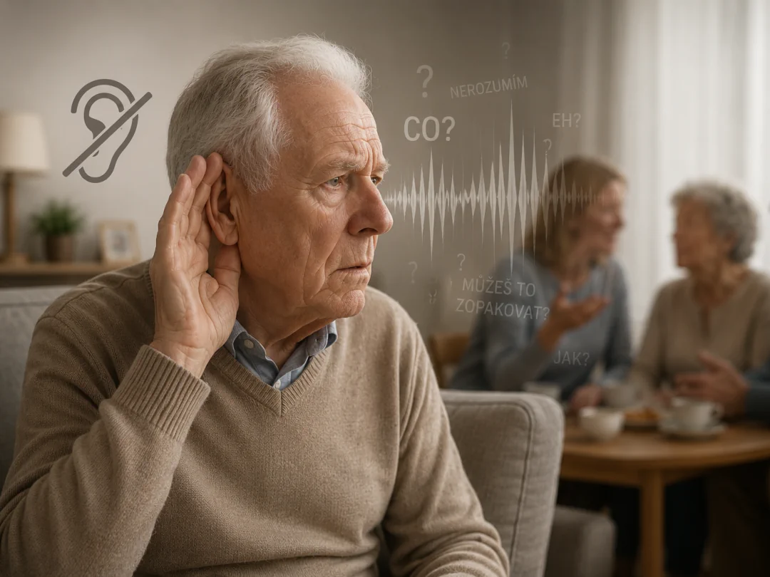 Senior se ztrátou sluchu naslouchá rozhovoru ostatních lidí