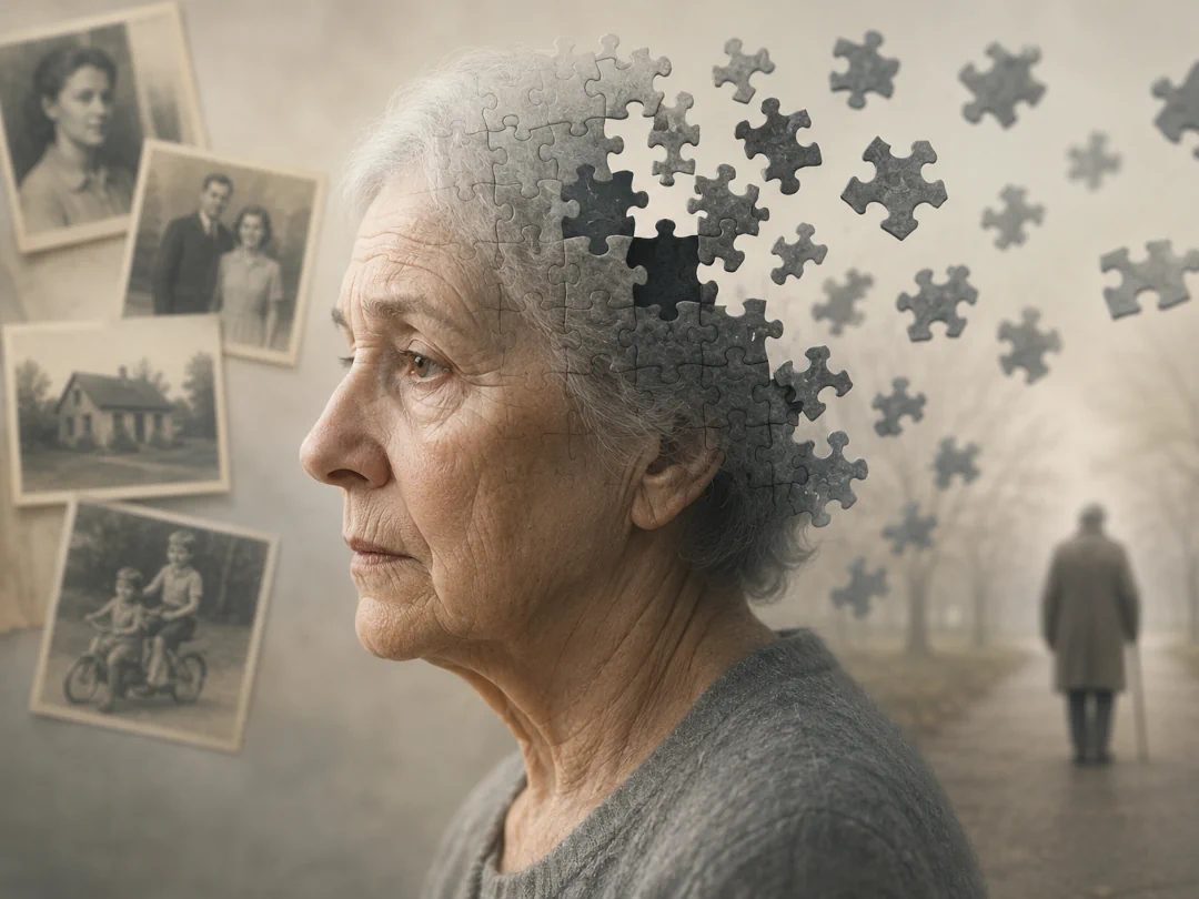 Seniorka se vzpomínkami a symbolicky mizejícími dílky puzzle znázorňujícími ztrátu paměti